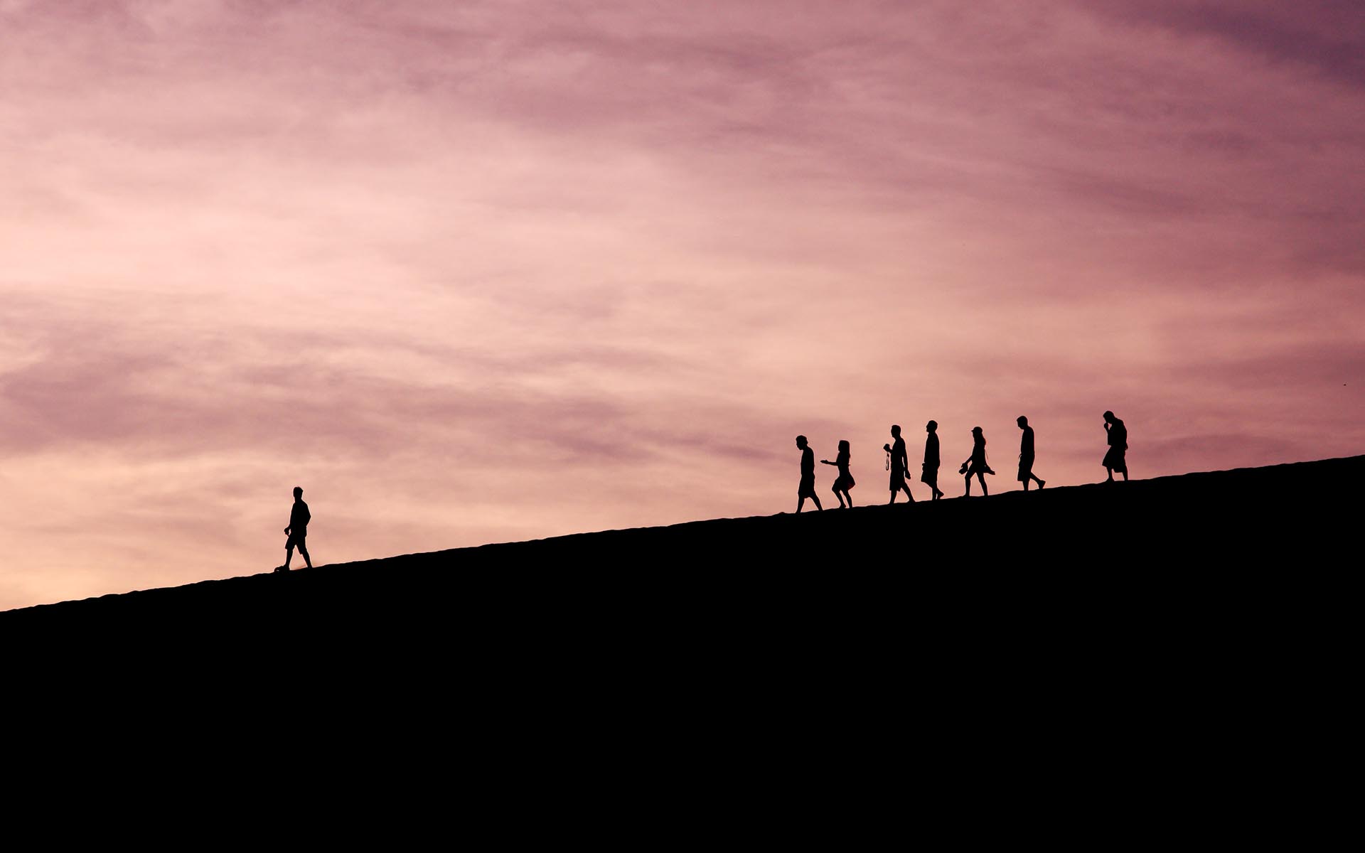 One silhouette leading a group of silhouettes
